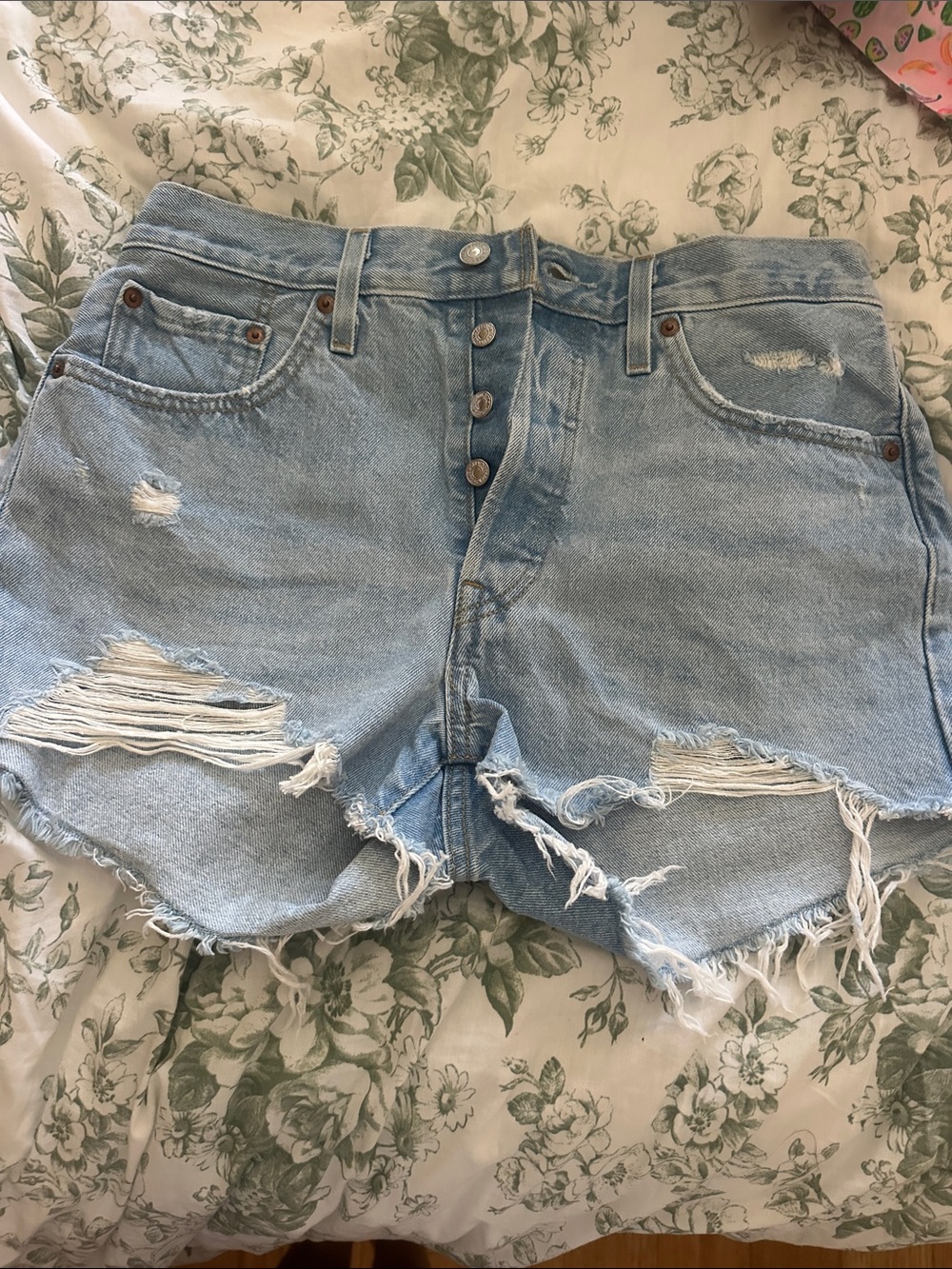 Levi's Light Blue Distressed Button-Fly Denim Shorts
